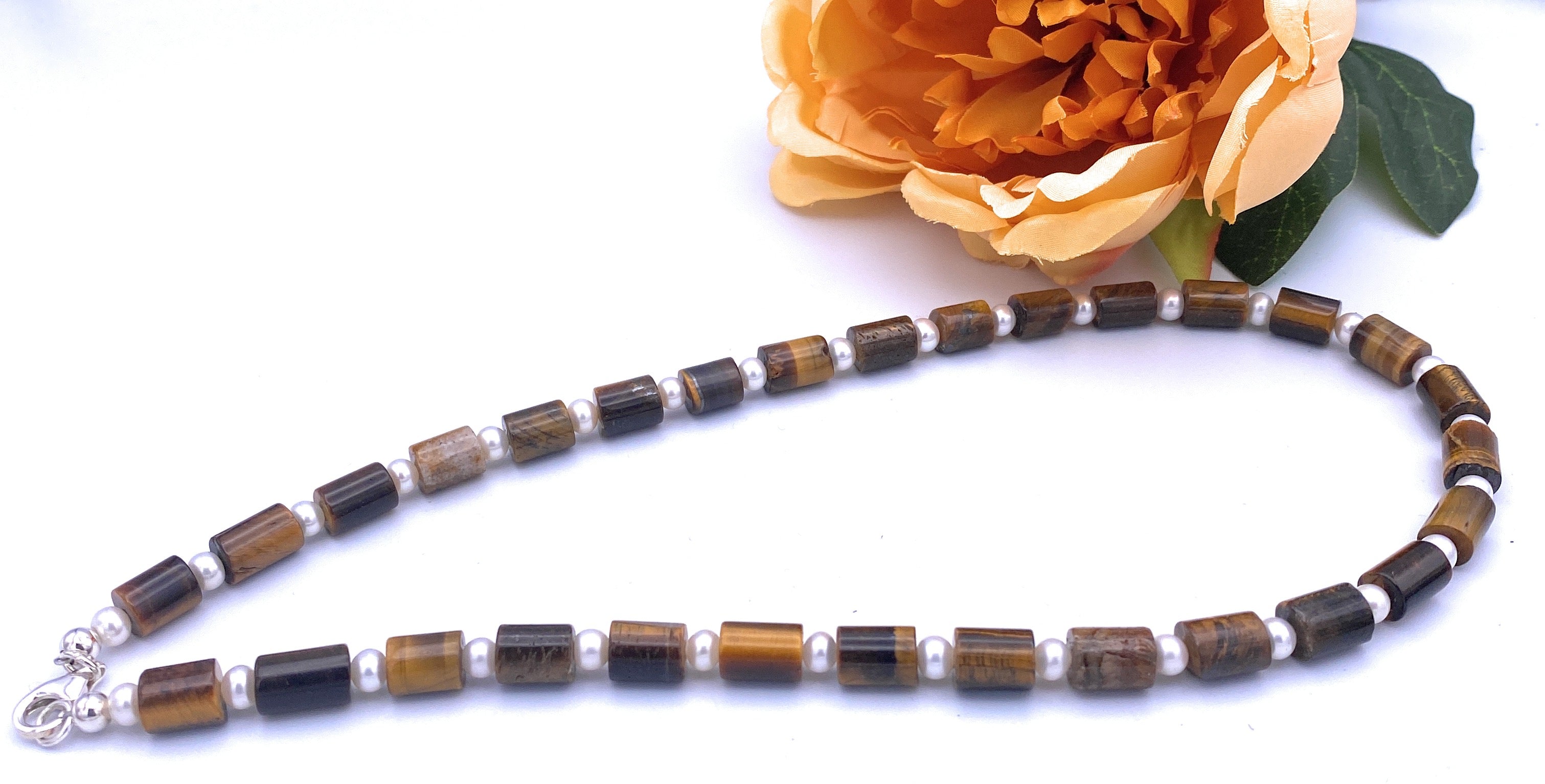 Tigerauge Halskette mit Süßwasserperlen