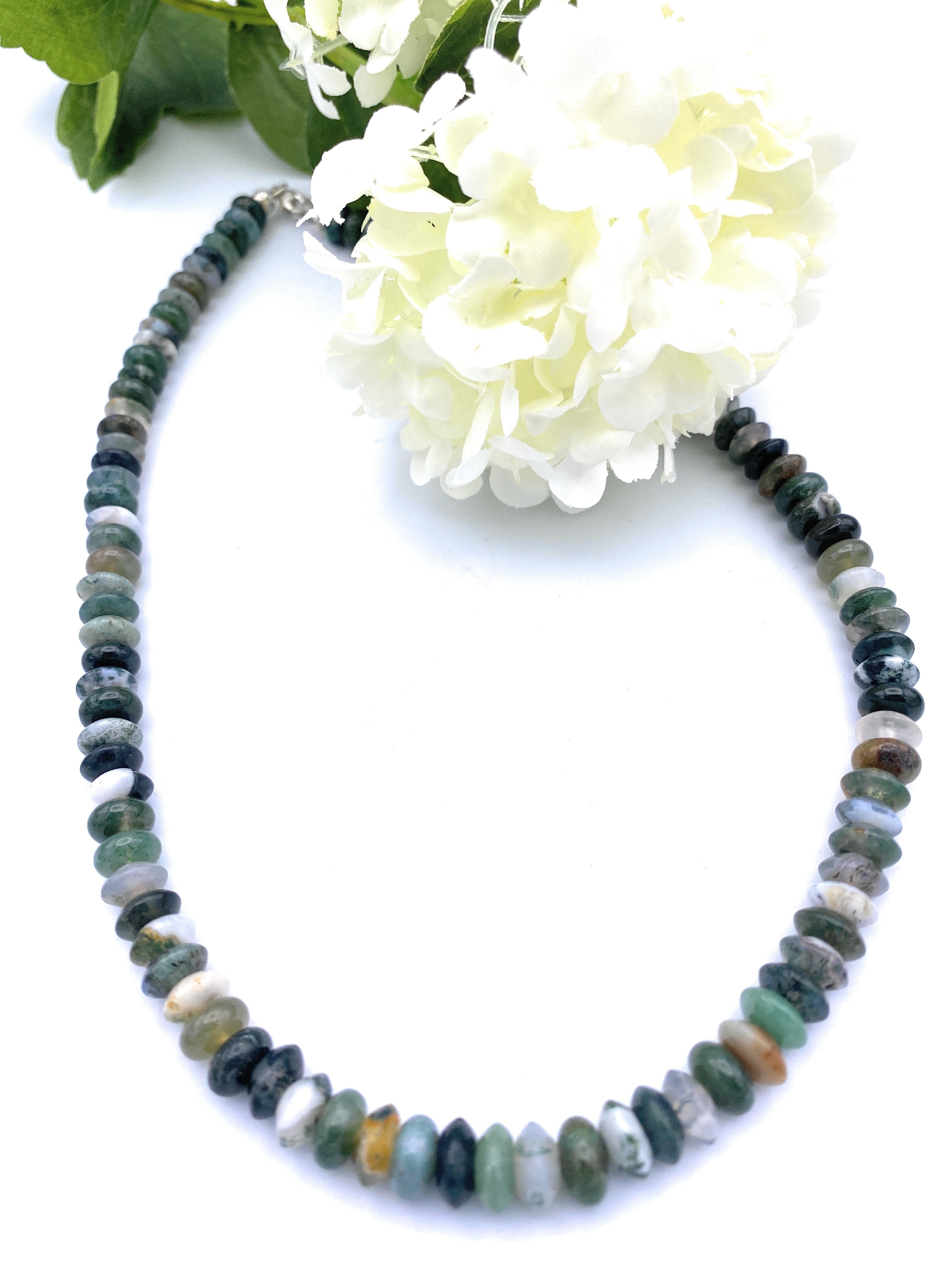 Moos-Achat Linsen Halskette 10mm
