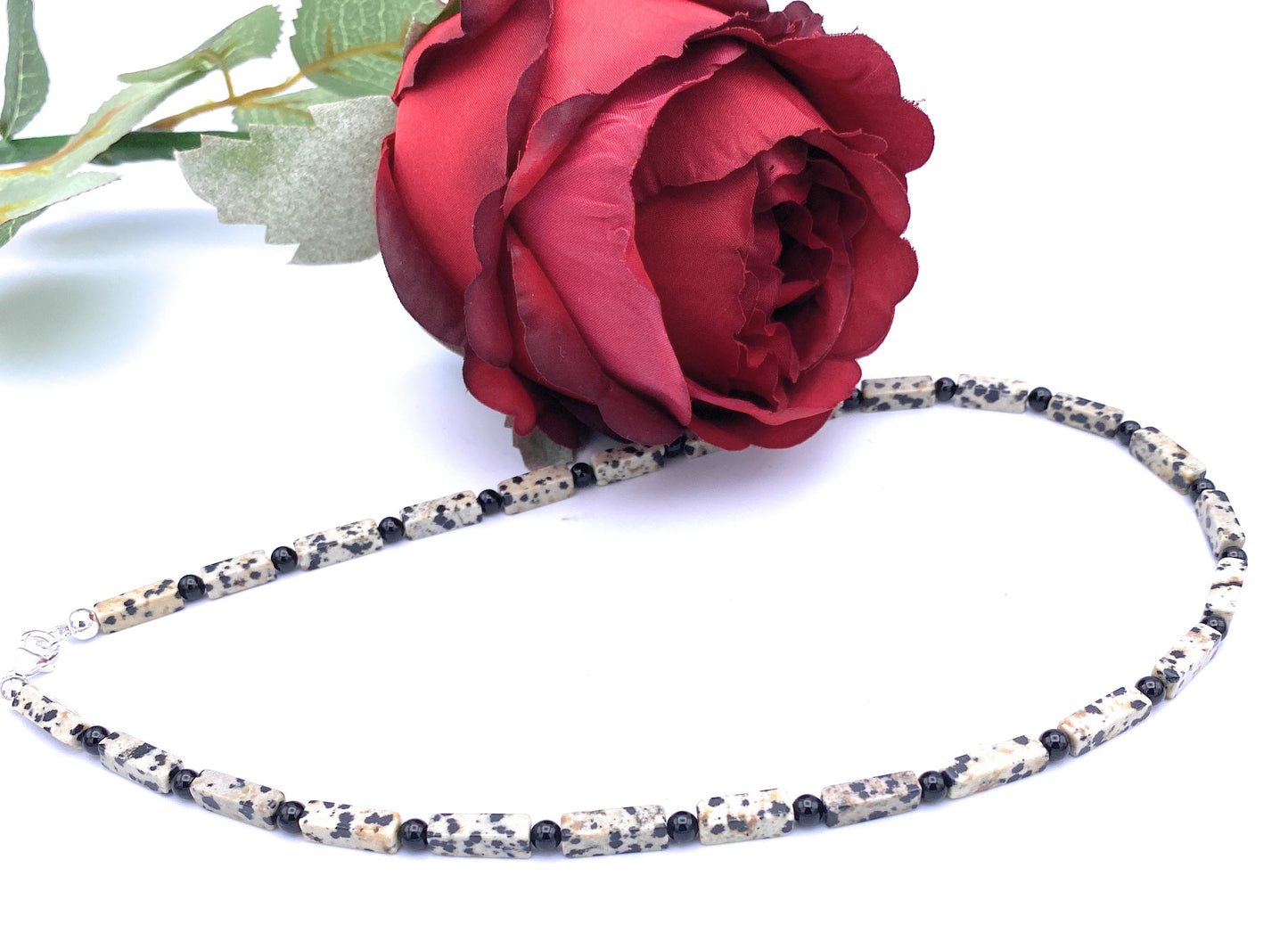 Dalmatiner-Jaspis Halskette 4mm mit Onyx