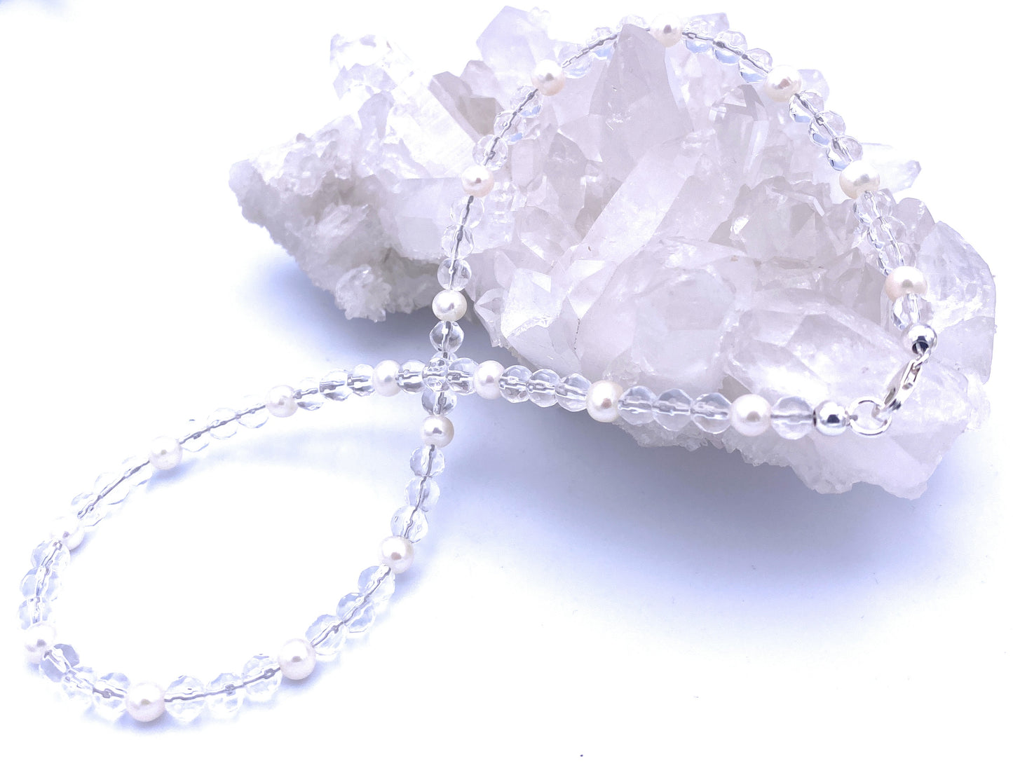 Facettierte Bergkristall Halskette 6mm mit Süßwasserperlen