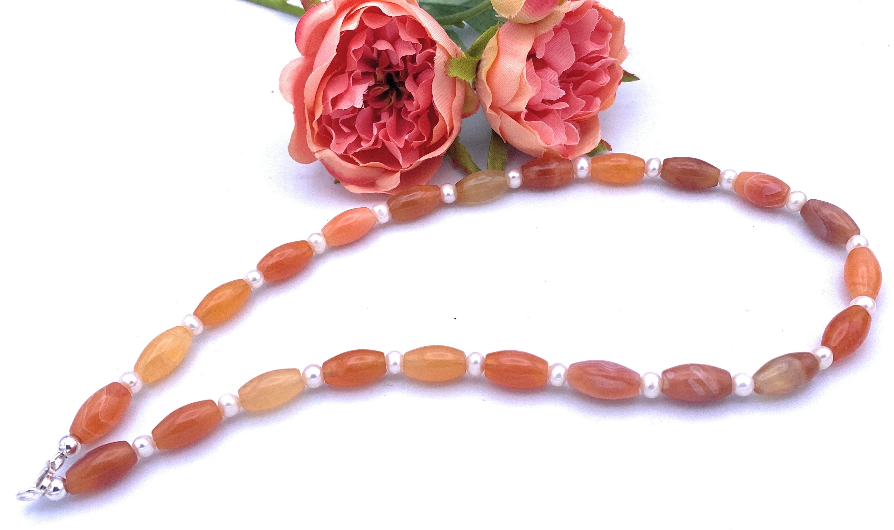 Carneol Olivenkette mit Süßwasserperlen
