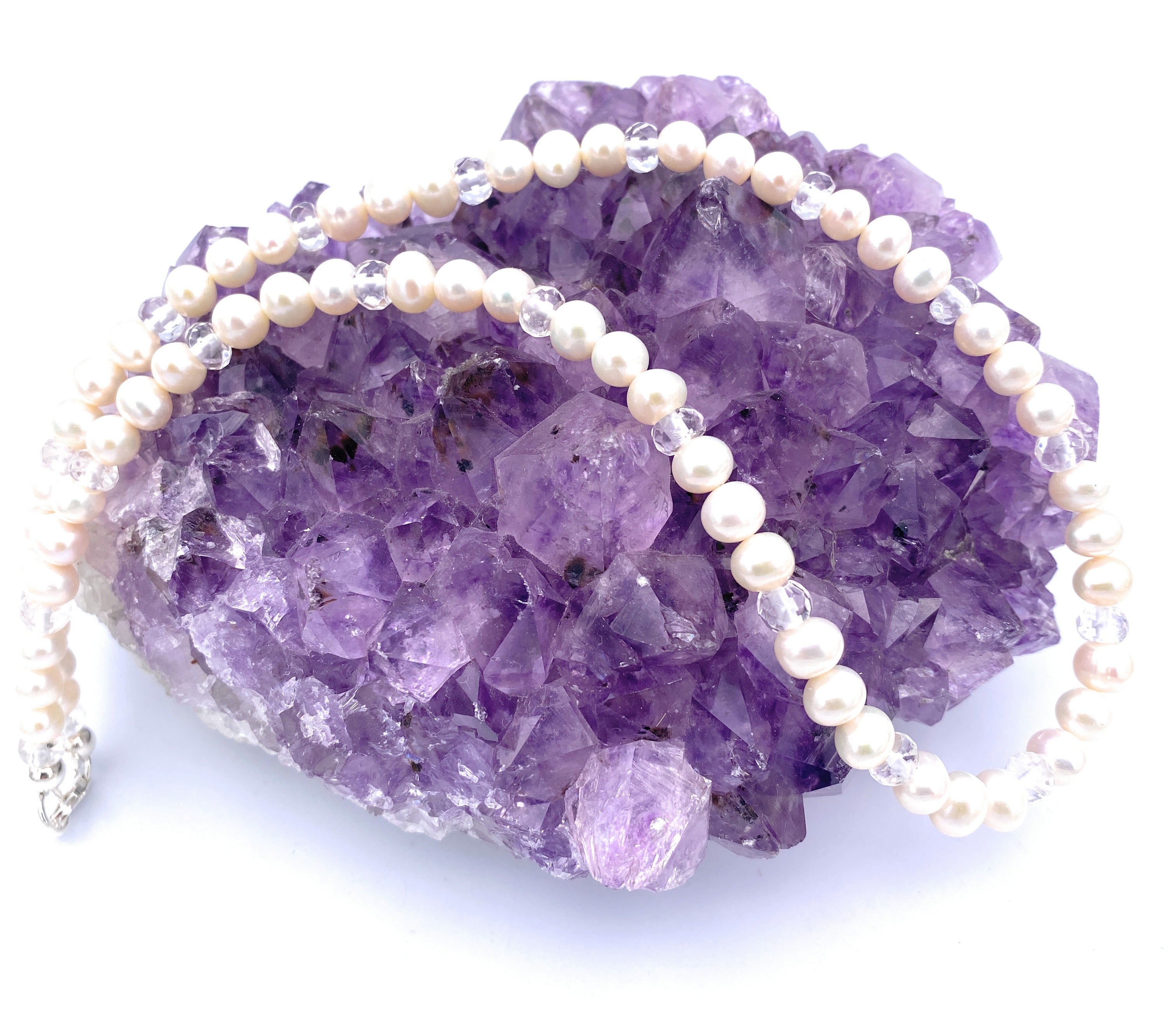 Süßwasserperlen Halskette 6mm mit facettierten Bergkristall Linsen