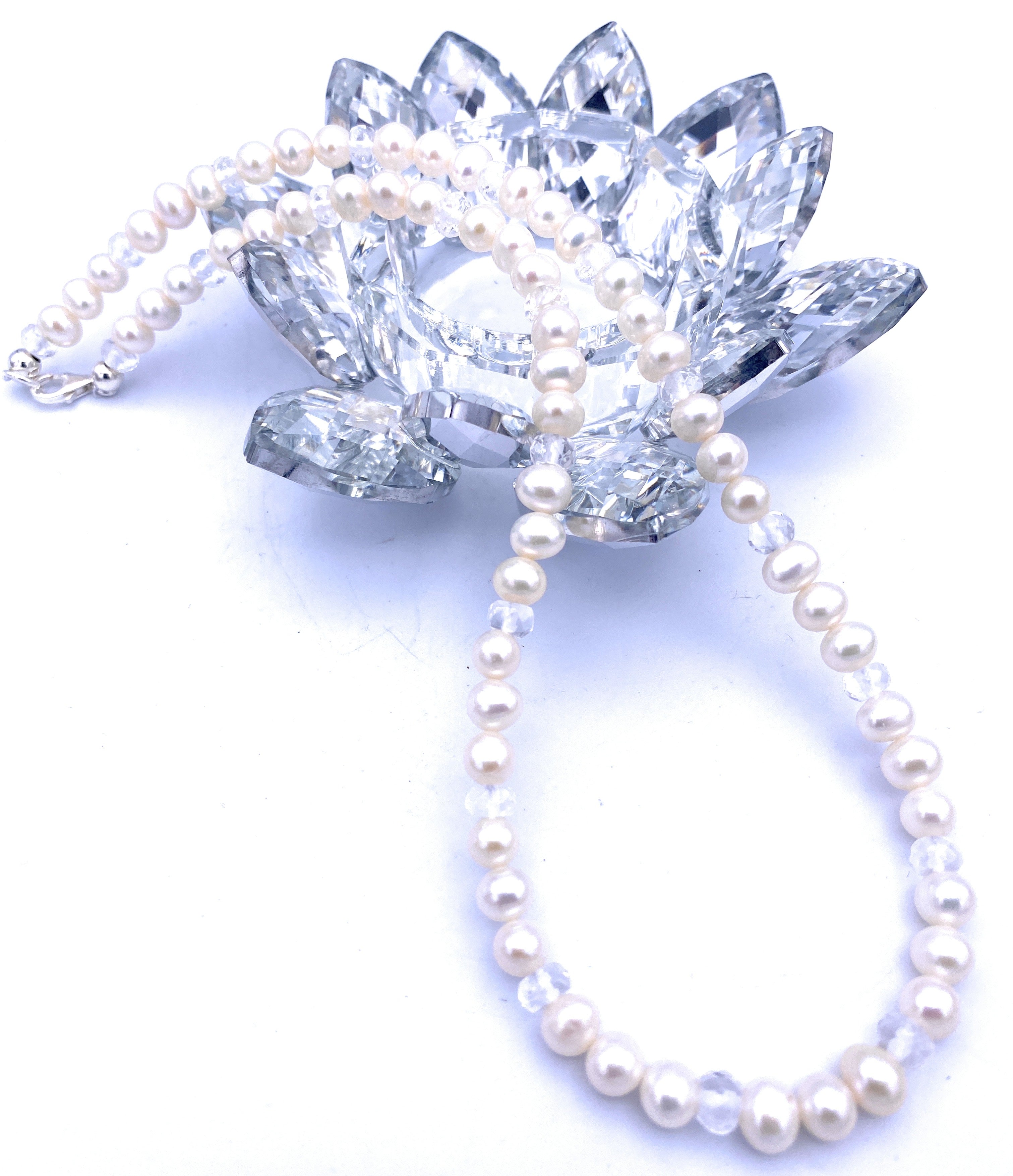 Süßwasserperlen Halskette 6mm mit facettierten Bergkristall Linsen